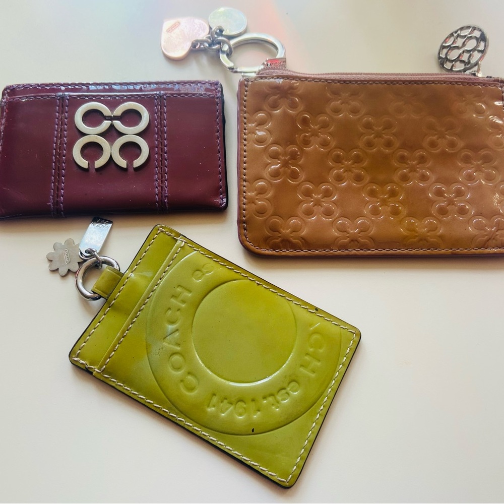 Coach card holders (green, dusty rose, purple)